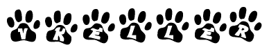 The image shows a series of animal paw prints arranged horizontally. Within each paw print, there's a letter; together they spell Vkeller