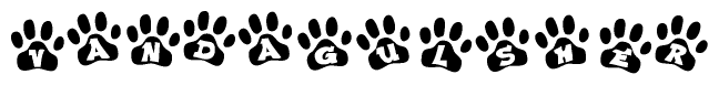 The image shows a row of animal paw prints, each containing a letter. The letters spell out the word Vandagulsher within the paw prints.
