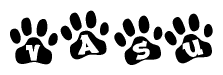 The image shows a series of animal paw prints arranged horizontally. Within each paw print, there's a letter; together they spell Vasu