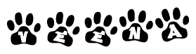 The image shows a series of animal paw prints arranged in a horizontal line. Each paw print contains a letter, and together they spell out the word Veena.