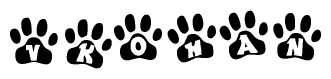 The image shows a series of animal paw prints arranged horizontally. Within each paw print, there's a letter; together they spell Vkohan