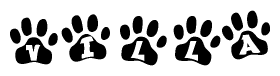 The image shows a row of animal paw prints, each containing a letter. The letters spell out the word Villa within the paw prints.
