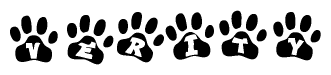 The image shows a series of animal paw prints arranged in a horizontal line. Each paw print contains a letter, and together they spell out the word Verity.