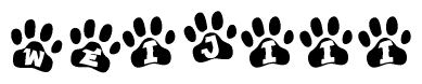 The image shows a series of animal paw prints arranged horizontally. Within each paw print, there's a letter; together they spell Weijiii