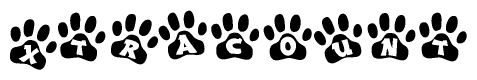 The image shows a series of animal paw prints arranged in a horizontal line. Each paw print contains a letter, and together they spell out the word Xtracount.