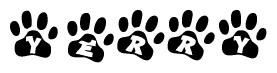 The image shows a series of animal paw prints arranged in a horizontal line. Each paw print contains a letter, and together they spell out the word Yerry.