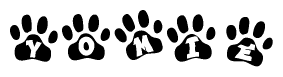 The image shows a series of animal paw prints arranged in a horizontal line. Each paw print contains a letter, and together they spell out the word Yomie.