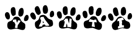 The image shows a row of animal paw prints, each containing a letter. The letters spell out the word Yanti within the paw prints.
