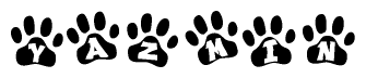 The image shows a row of animal paw prints, each containing a letter. The letters spell out the word Yazmin within the paw prints.