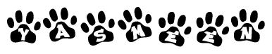 The image shows a series of animal paw prints arranged horizontally. Within each paw print, there's a letter; together they spell Yasmeen