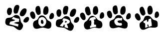The image shows a series of animal paw prints arranged horizontally. Within each paw print, there's a letter; together they spell Zorich