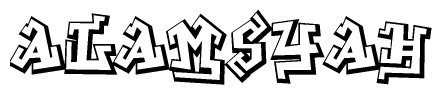 The clipart image depicts the word Alamsyah in a style reminiscent of graffiti. The letters are drawn in a bold, block-like script with sharp angles and a three-dimensional appearance.