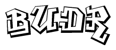 The image is a stylized representation of the letters Budr designed to mimic the look of graffiti text. The letters are bold and have a three-dimensional appearance, with emphasis on angles and shadowing effects.