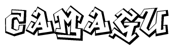 The image is a stylized representation of the letters Camagu designed to mimic the look of graffiti text. The letters are bold and have a three-dimensional appearance, with emphasis on angles and shadowing effects.