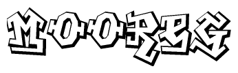 The image is a stylized representation of the letters Mooreg designed to mimic the look of graffiti text. The letters are bold and have a three-dimensional appearance, with emphasis on angles and shadowing effects.