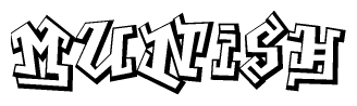 The image is a stylized representation of the letters Munish designed to mimic the look of graffiti text. The letters are bold and have a three-dimensional appearance, with emphasis on angles and shadowing effects.