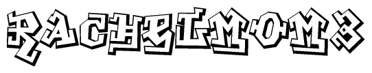 The image is a stylized representation of the letters Rachelmom3 designed to mimic the look of graffiti text. The letters are bold and have a three-dimensional appearance, with emphasis on angles and shadowing effects.