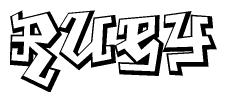 The clipart image depicts the word Ruey in a style reminiscent of graffiti. The letters are drawn in a bold, block-like script with sharp angles and a three-dimensional appearance.