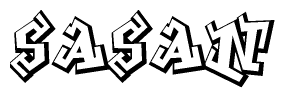The clipart image depicts the word Sasan in a style reminiscent of graffiti. The letters are drawn in a bold, block-like script with sharp angles and a three-dimensional appearance.