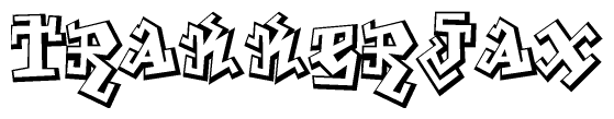 The clipart image depicts the word Trakkerjax in a style reminiscent of graffiti. The letters are drawn in a bold, block-like script with sharp angles and a three-dimensional appearance.