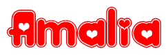 The image is a red and white graphic with the word Amalia written in a decorative script. Each letter in  is contained within its own outlined bubble-like shape. Inside each letter, there is a white heart symbol.