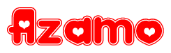 The image is a red and white graphic with the word Azamo written in a decorative script. Each letter in  is contained within its own outlined bubble-like shape. Inside each letter, there is a white heart symbol.
