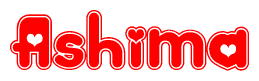 The image displays the word Ashima written in a stylized red font with hearts inside the letters.