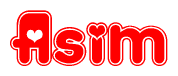The image is a clipart featuring the word Asim written in a stylized font with a heart shape replacing inserted into the center of each letter. The color scheme of the text and hearts is red with a light outline.