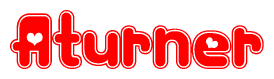 The image is a clipart featuring the word Aturner written in a stylized font with a heart shape replacing inserted into the center of each letter. The color scheme of the text and hearts is red with a light outline.