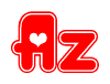 The image is a red and white graphic with the word Az written in a decorative script. Each letter in  is contained within its own outlined bubble-like shape. Inside each letter, there is a white heart symbol.