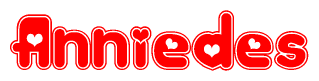 The image is a clipart featuring the word Anniedes written in a stylized font with a heart shape replacing inserted into the center of each letter. The color scheme of the text and hearts is red with a light outline.