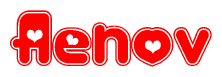 The image is a red and white graphic with the word Aenov written in a decorative script. Each letter in  is contained within its own outlined bubble-like shape. Inside each letter, there is a white heart symbol.