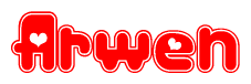 The image is a clipart featuring the word Arwen written in a stylized font with a heart shape replacing inserted into the center of each letter. The color scheme of the text and hearts is red with a light outline.