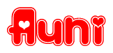 The image is a clipart featuring the word Auni written in a stylized font with a heart shape replacing inserted into the center of each letter. The color scheme of the text and hearts is red with a light outline.