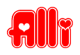 The image is a red and white graphic with the word Alli written in a decorative script. Each letter in  is contained within its own outlined bubble-like shape. Inside each letter, there is a white heart symbol.