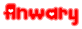 The image is a red and white graphic with the word Anwary written in a decorative script. Each letter in  is contained within its own outlined bubble-like shape. Inside each letter, there is a white heart symbol.