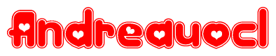 The image is a red and white graphic with the word Andreauocl written in a decorative script. Each letter in  is contained within its own outlined bubble-like shape. Inside each letter, there is a white heart symbol.