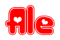 The image is a red and white graphic with the word Ale written in a decorative script. Each letter in  is contained within its own outlined bubble-like shape. Inside each letter, there is a white heart symbol.