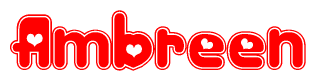 The image is a red and white graphic with the word Ambreen written in a decorative script. Each letter in  is contained within its own outlined bubble-like shape. Inside each letter, there is a white heart symbol.
