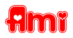 The image displays the word Ami written in a stylized red font with hearts inside the letters.