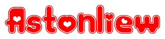 The image is a clipart featuring the word Astonliew written in a stylized font with a heart shape replacing inserted into the center of each letter. The color scheme of the text and hearts is red with a light outline.