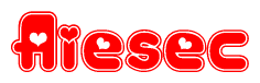 The image displays the word Aiesec written in a stylized red font with hearts inside the letters.