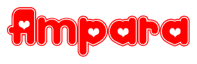 The image is a red and white graphic with the word Ampara written in a decorative script. Each letter in  is contained within its own outlined bubble-like shape. Inside each letter, there is a white heart symbol.