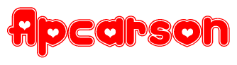The image is a red and white graphic with the word Apcarson written in a decorative script. Each letter in  is contained within its own outlined bubble-like shape. Inside each letter, there is a white heart symbol.