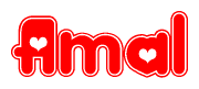 The image is a red and white graphic with the word Amal written in a decorative script. Each letter in  is contained within its own outlined bubble-like shape. Inside each letter, there is a white heart symbol.