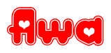 The image displays the word Awa written in a stylized red font with hearts inside the letters.
