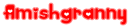 The image is a red and white graphic with the word Amishgranny written in a decorative script. Each letter in  is contained within its own outlined bubble-like shape. Inside each letter, there is a white heart symbol.