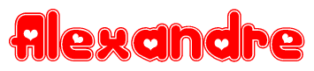 The image is a red and white graphic with the word Alexandre written in a decorative script. Each letter in  is contained within its own outlined bubble-like shape. Inside each letter, there is a white heart symbol.