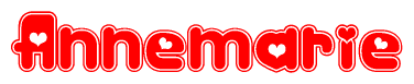 The image is a red and white graphic with the word Annemarie written in a decorative script. Each letter in  is contained within its own outlined bubble-like shape. Inside each letter, there is a white heart symbol.