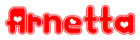 The image is a clipart featuring the word Arnetta written in a stylized font with a heart shape replacing inserted into the center of each letter. The color scheme of the text and hearts is red with a light outline.